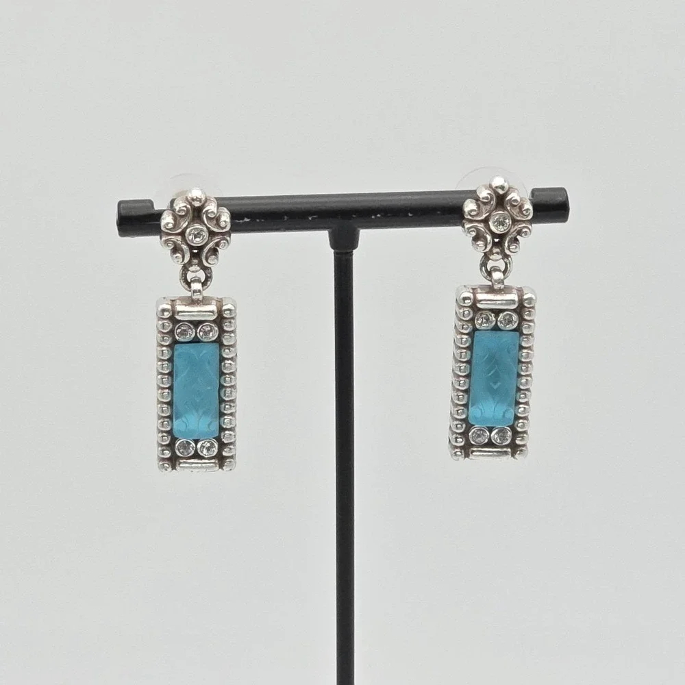 BRIGHTON Earrings Vibrant Aqua Crystal Scroll Silver Plate Dangle Drop 1.75